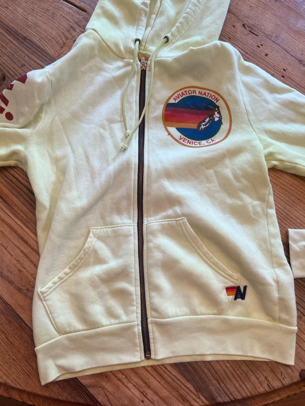 Aviator Nation Womens Light Yellow Zip Hoodie with Rainbow Sleeve Logo - Picture 7 of 9